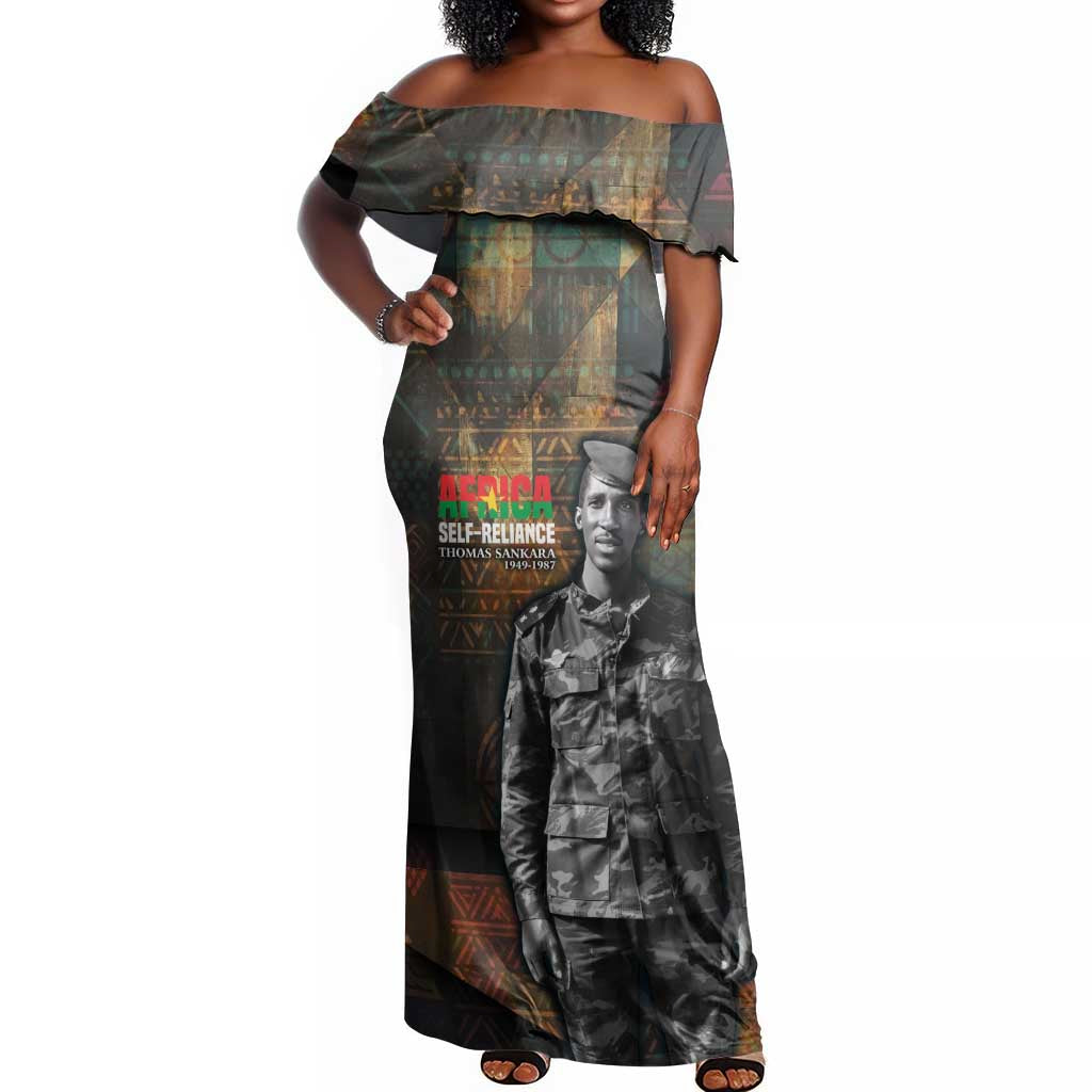 Thomas Sankara Off Shoulder Maxi Dress Burkina Faso Africa Self-Reliance Message and Military Portrait - African Pride