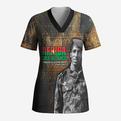 Thomas Sankara Scrub Top Burkina Faso Africa Self-Reliance Message and Military Portrait - African Pride