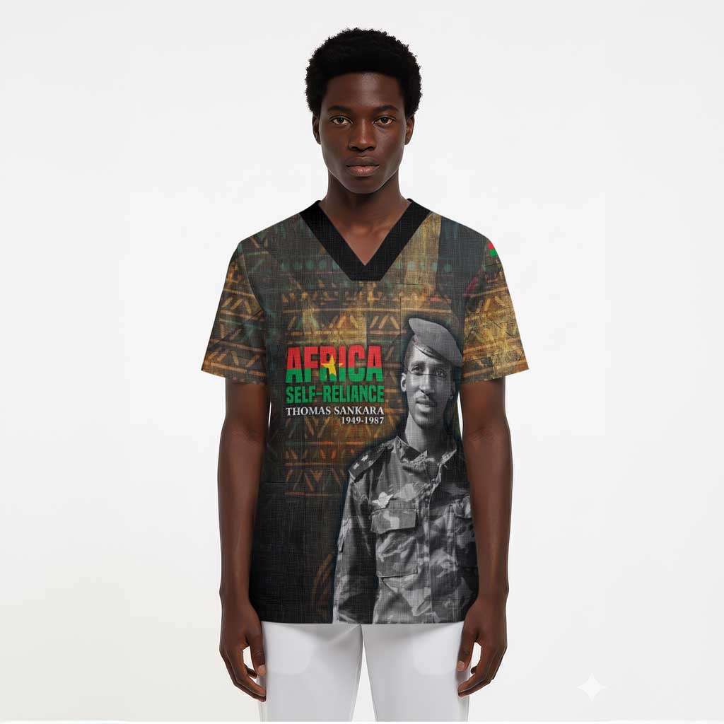 Thomas Sankara Scrub Top Burkina Faso Africa Self-Reliance Message and Military Portrait - African Pride