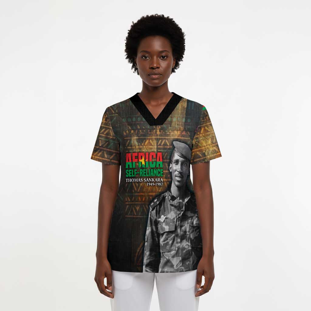 Thomas Sankara Scrub Top Burkina Faso Africa Self-Reliance Message and Military Portrait - African Pride