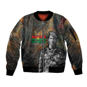 Thomas Sankara Sleeve Zip Bomber Jacket Burkina Faso Africa Self-Reliance Message and Military Portrait - African Pride