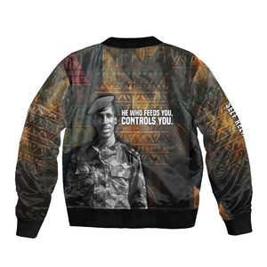 Thomas Sankara Sleeve Zip Bomber Jacket Burkina Faso Africa Self-Reliance Message and Military Portrait - African Pride