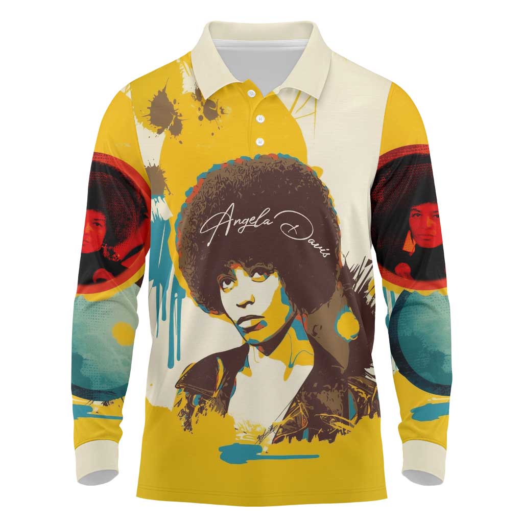 Angela Davis Long Sleeve Polo Shirt Bold Pop Art Style Freedom Is a Constant Struggle Quote Civil Rights Activist - African Pride