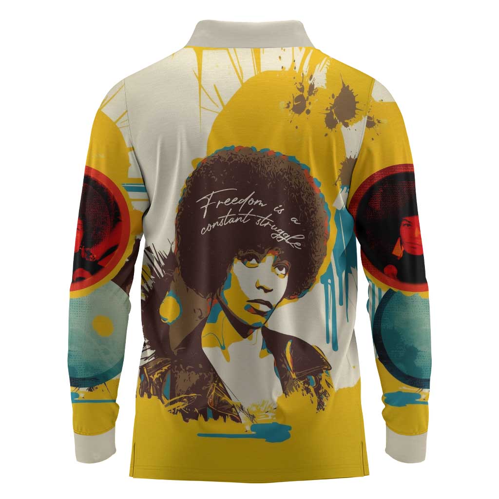Angela Davis Long Sleeve Polo Shirt Bold Pop Art Style Freedom Is a Constant Struggle Quote Civil Rights Activist - African Pride