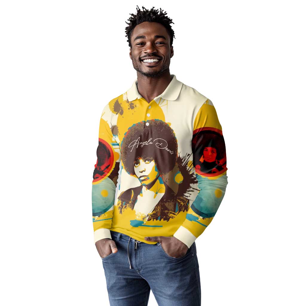 Angela Davis Long Sleeve Polo Shirt Bold Pop Art Style Freedom Is a Constant Struggle Quote Civil Rights Activist - African Pride