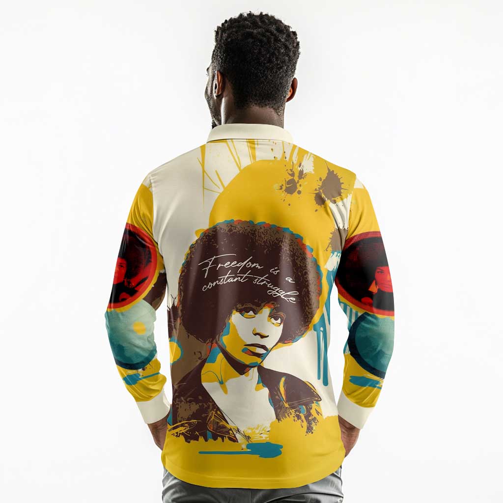 Angela Davis Long Sleeve Polo Shirt Bold Pop Art Style Freedom Is a Constant Struggle Quote Civil Rights Activist - African Pride
