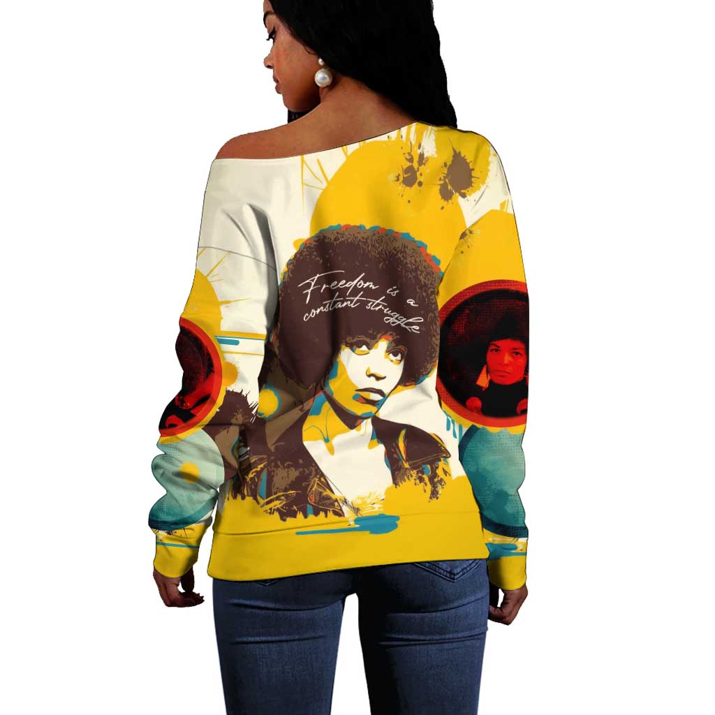 Angela Davis Off Shoulder Sweater Bold Pop Art Style Freedom Is a Constant Struggle Quote Civil Rights Activist - African Pride