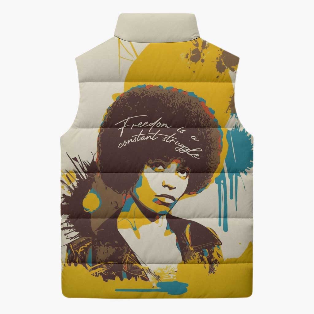 Angela Davis Sleeveless Puffer Jacket Bold Pop Art Style Freedom Is a Constant Struggle Quote Civil Rights Activist - African Pride