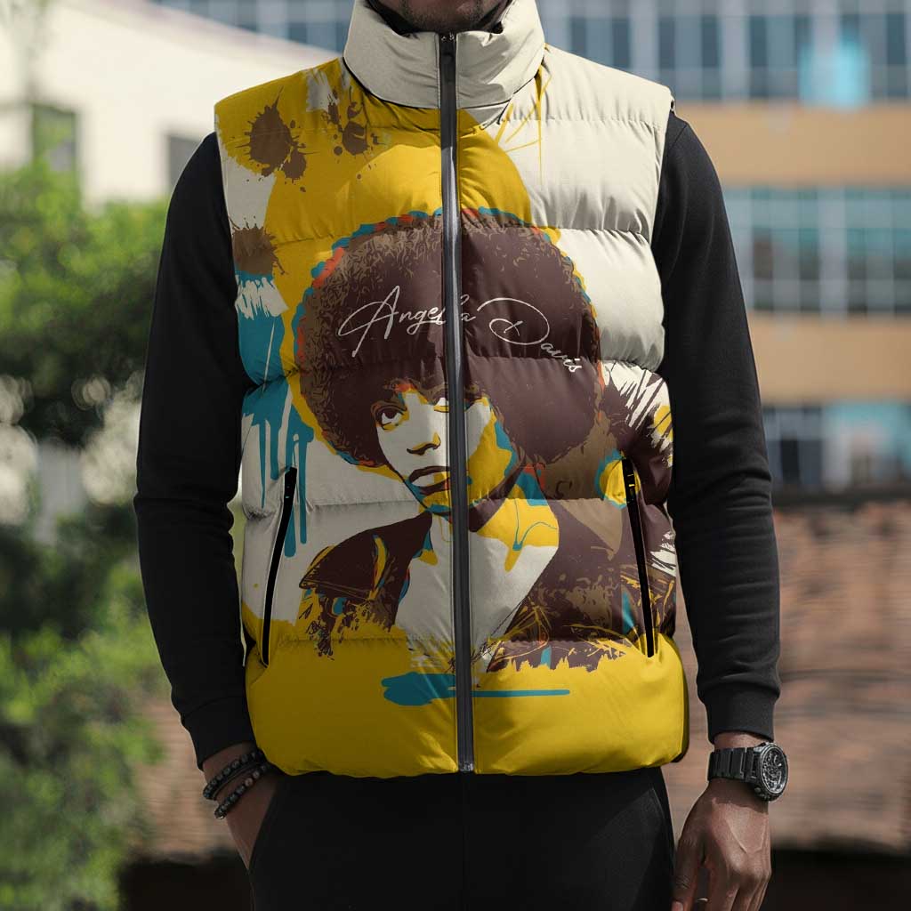 Angela Davis Sleeveless Puffer Jacket Bold Pop Art Style Freedom Is a Constant Struggle Quote Civil Rights Activist - African Pride