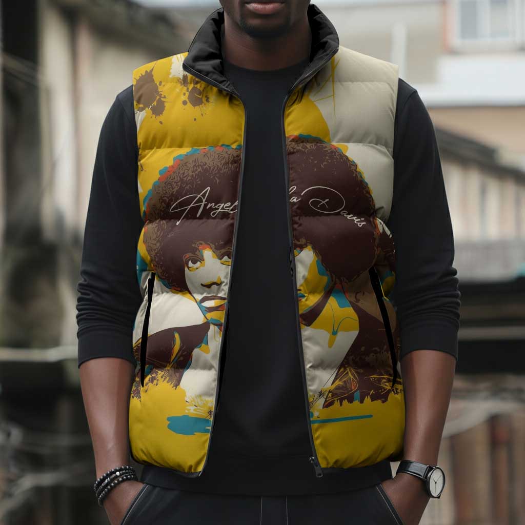 Angela Davis Sleeveless Puffer Jacket Bold Pop Art Style Freedom Is a Constant Struggle Quote Civil Rights Activist - African Pride