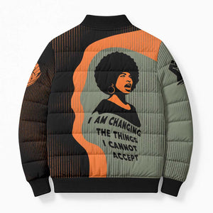 Angela Davis Bomber Puffer Jacket Retro Graphic Design I Am Changing the Things I Cannot Accept Quote Civil Rights Empowerment Tribute - African Pride