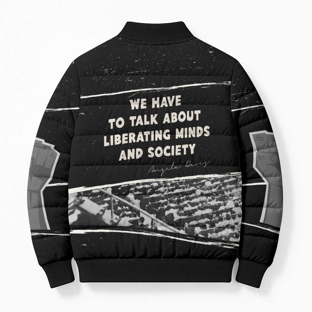 Angela Davis Bomber Puffer Jacket Protest Design Liberating Minds and Society Quote Civil Rights Movement - African Pride