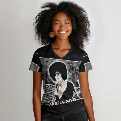 Angela Davis Women V-Neck T-Shirt Protest Design Liberating Minds and Society Quote Civil Rights Movement TS04