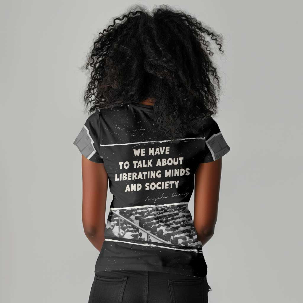 Angela Davis Women V-Neck T-Shirt Protest Design Liberating Minds and Society Quote Civil Rights Movement TS04