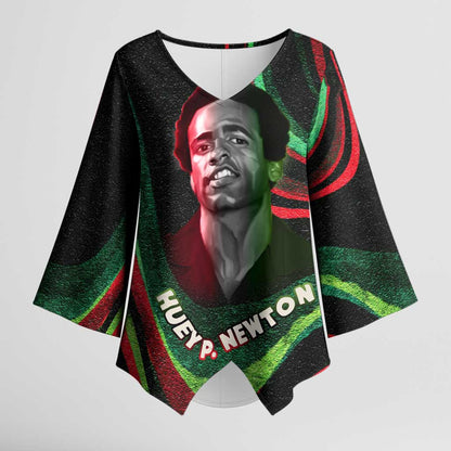 Huey P. Newton Kimono Sleeve Blouse Swirl Design Black Panther Party Symbol Revolutionary Tribute - African Pride