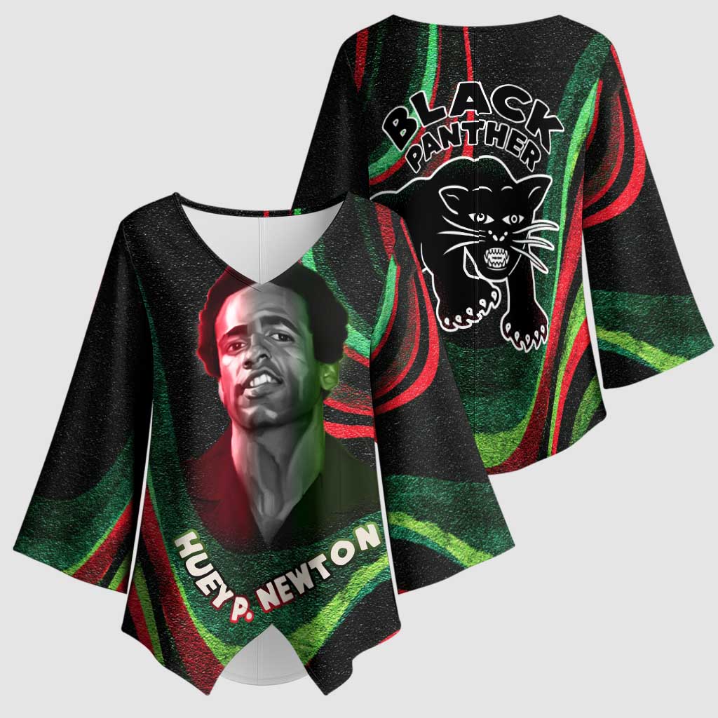 Huey P. Newton Kimono Sleeve Blouse Swirl Design Black Panther Party Symbol Revolutionary Tribute - African Pride