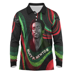 Huey P. Newton Long Sleeve Polo Shirt Swirl Design Black Panther Party Symbol Revolutionary Tribute - African Pride