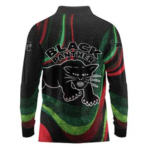 Huey P. Newton Long Sleeve Polo Shirt Swirl Design Black Panther Party Symbol Revolutionary Tribute - African Pride