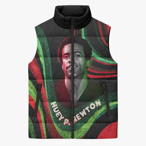 Huey P. Newton Sleeveless Puffer Jacket Swirl Design Black Panther Party Symbol Revolutionary Tribute - African Pride