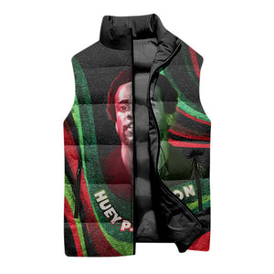 Huey P. Newton Sleeveless Puffer Jacket Swirl Design Black Panther Party Symbol Revolutionary Tribute - African Pride