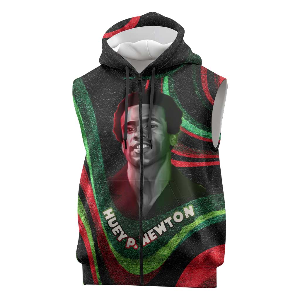 Huey P. Newton Sleeveless Zip Hoodie Swirl Design Black Panther Party Symbol Revolutionary Tribute - African Pride