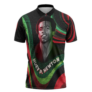 Huey P. Newton Zipper Polo Shirt Swirl Design Black Panther Party Symbol Revolutionary Tribute - African Pride