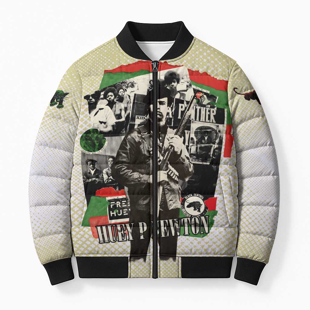 Huey P. Newton Bomber Puffer Jacket Black Panther Collage Design Civil Rights Movement Theme Revolutionary Tribute - African Pride