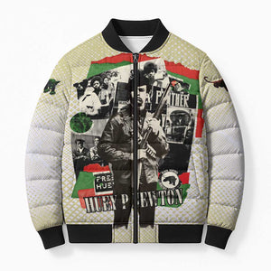Huey P. Newton Bomber Puffer Jacket Black Panther Collage Design Civil Rights Movement Theme Revolutionary Tribute - African Pride