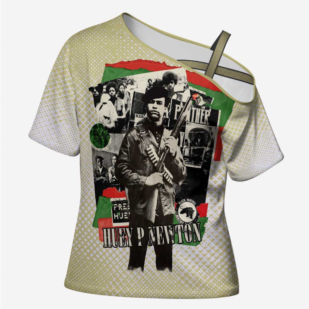 Huey P. Newton Cross Shoulder Shirt Black Panther Collage Design Civil Rights Movement Theme Revolutionary Tribute - African Pride