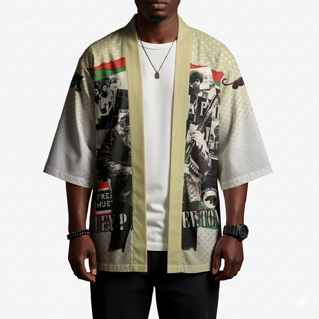 Huey P. Newton Kimono Black Panther Collage Design Civil Rights Movement Theme Revolutionary Tribute - African Pride