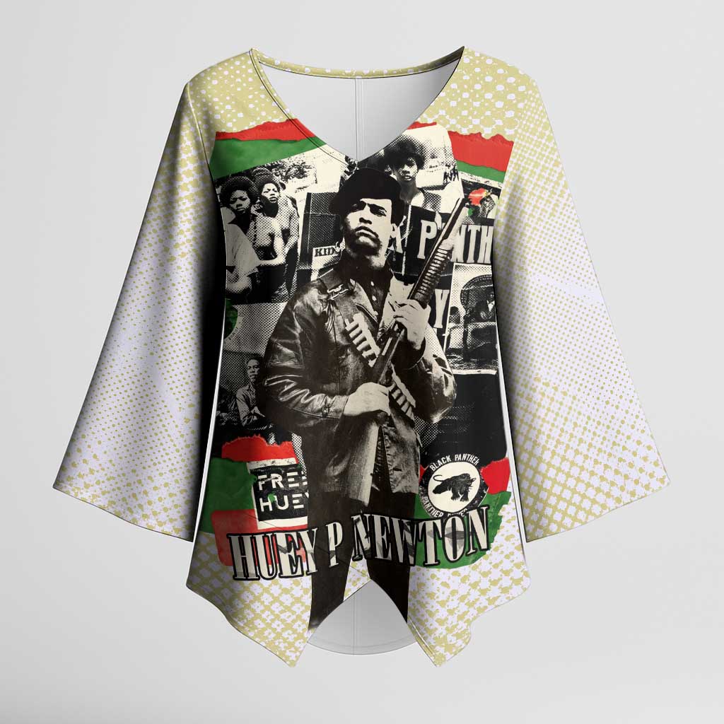 Huey P. Newton Kimono Sleeve Blouse Black Panther Collage Design Civil Rights Movement Theme Revolutionary Tribute - African Pride