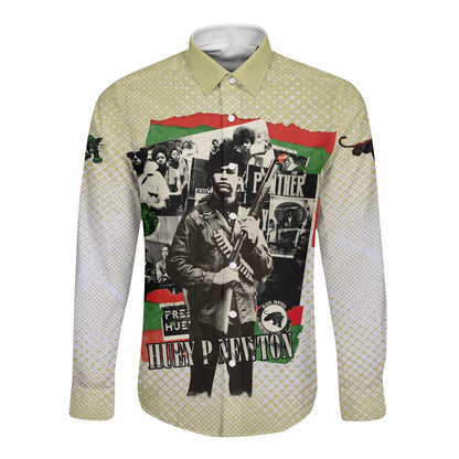 Huey P. Newton Long Sleeve Button Shirt Black Panther Collage Design Civil Rights Movement Theme Revolutionary Tribute - African Pride