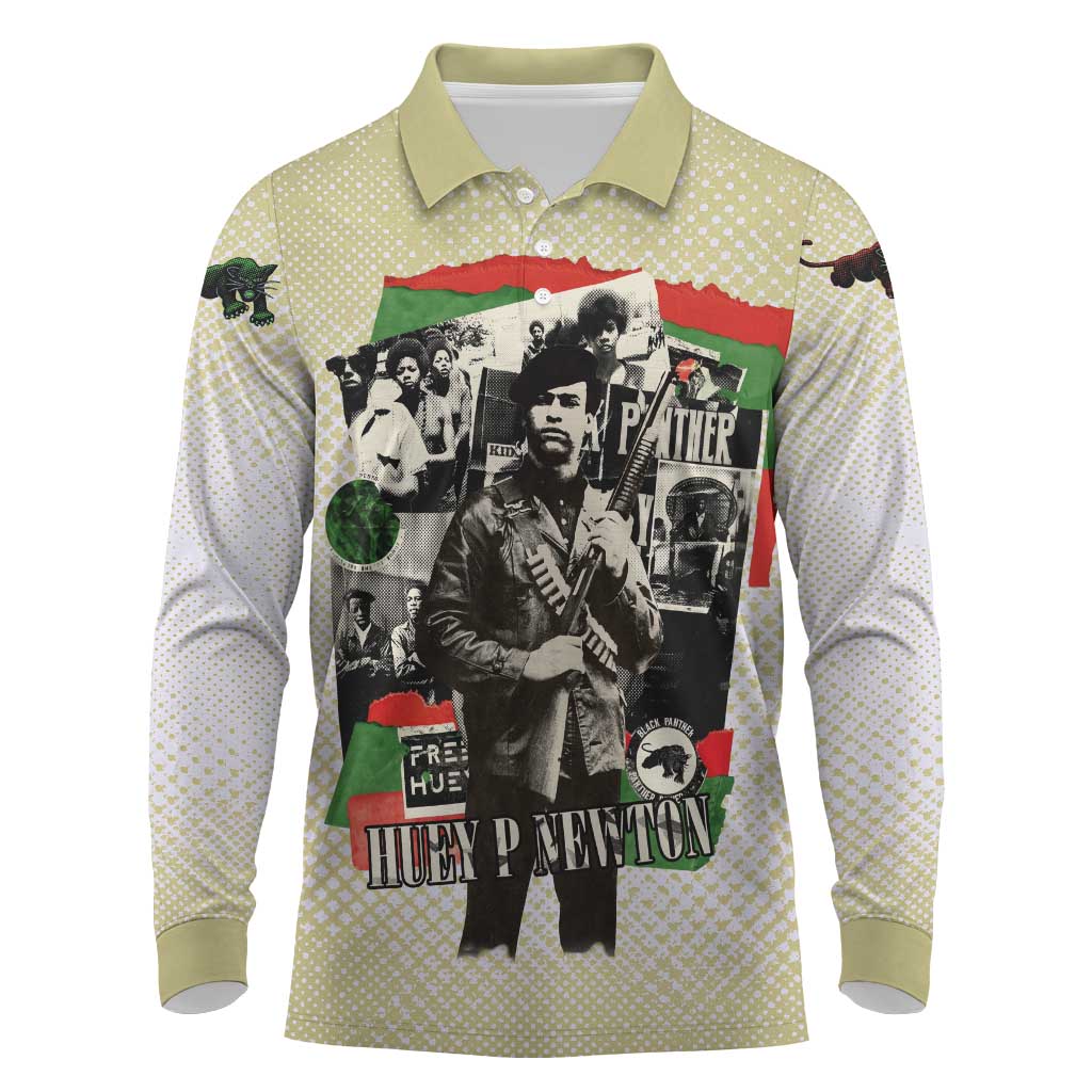 Huey P. Newton Long Sleeve Polo Shirt Black Panther Collage Design Civil Rights Movement Theme Revolutionary Tribute - African Pride