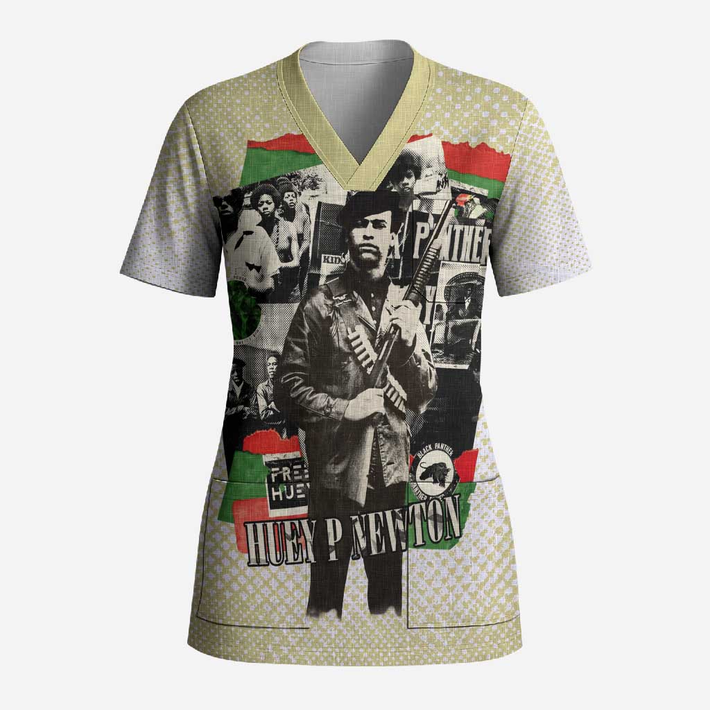 Huey P. Newton Scrub Top Black Panther Collage Design Civil Rights Movement Theme Revolutionary Tribute - African Pride