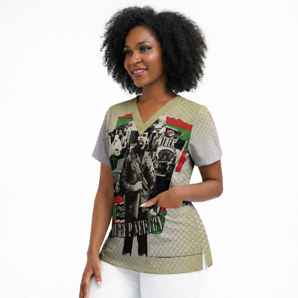 Huey P. Newton Scrub Top Black Panther Collage Design Civil Rights Movement Theme Revolutionary Tribute - African Pride