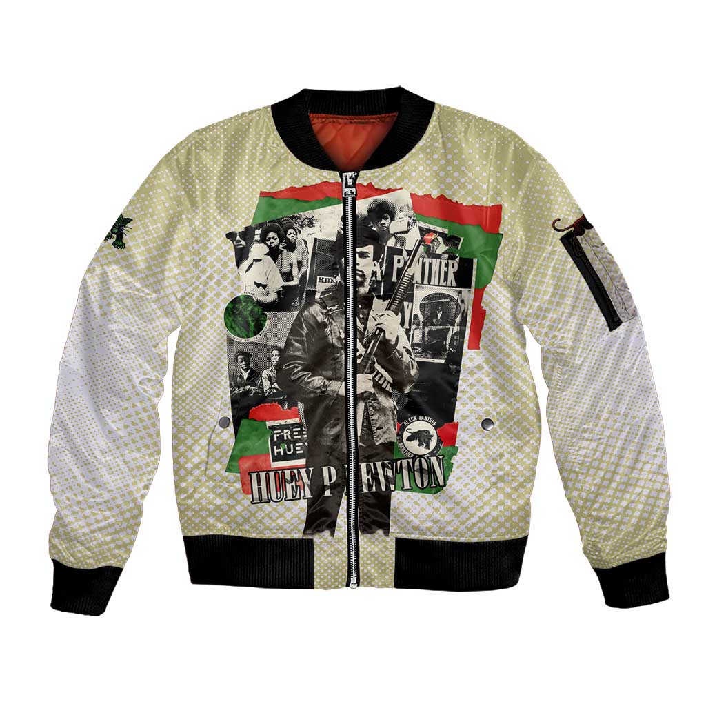Huey P. Newton Sleeve Zip Bomber Jacket Black Panther Collage Design Civil Rights Movement Theme Revolutionary Tribute - African Pride