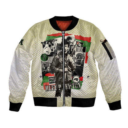 Huey P. Newton Sleeve Zip Bomber Jacket Black Panther Collage Design Civil Rights Movement Theme Revolutionary Tribute - African Pride