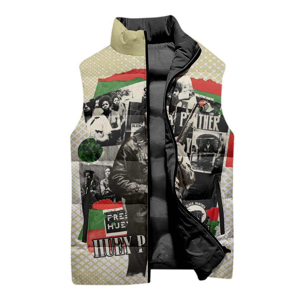 Huey P. Newton Sleeveless Puffer Jacket Black Panther Collage Design Civil Rights Movement Theme Revolutionary Tribute - African Pride