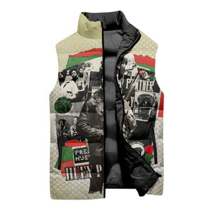 Huey P. Newton Sleeveless Puffer Jacket Black Panther Collage Design Civil Rights Movement Theme Revolutionary Tribute - African Pride