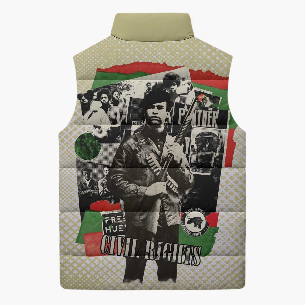 Huey P. Newton Sleeveless Puffer Jacket Black Panther Collage Design Civil Rights Movement Theme Revolutionary Tribute - African Pride