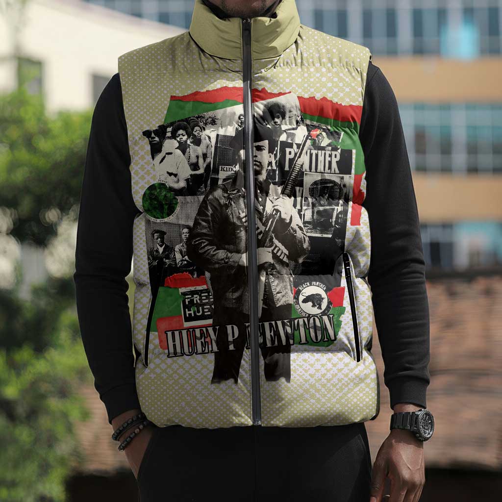 Huey P. Newton Sleeveless Puffer Jacket Black Panther Collage Design Civil Rights Movement Theme Revolutionary Tribute - African Pride