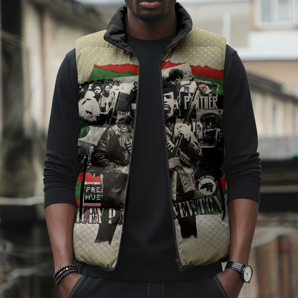 Huey P. Newton Sleeveless Puffer Jacket Black Panther Collage Design Civil Rights Movement Theme Revolutionary Tribute - African Pride