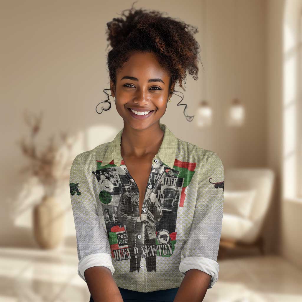 Huey P. Newton Women Casual Shirt Black Panther Collage Design Civil Rights Movement Theme Revolutionary Tribute - African Pride