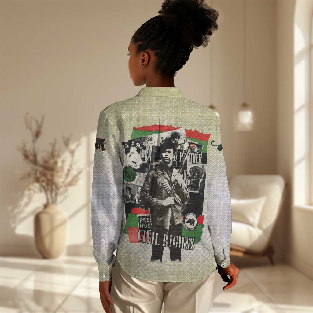 Huey P. Newton Women Casual Shirt Black Panther Collage Design Civil Rights Movement Theme Revolutionary Tribute - African Pride