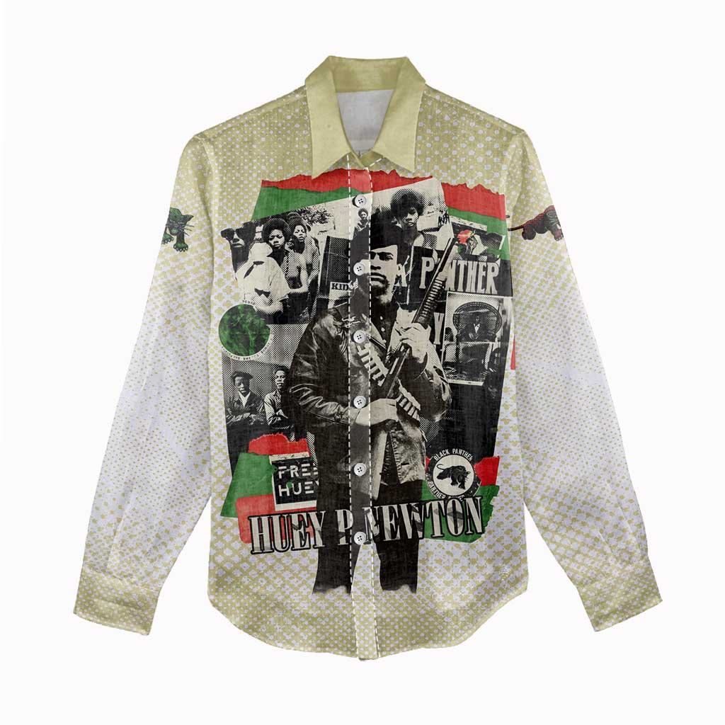 Huey P. Newton Women Casual Shirt Black Panther Collage Design Civil Rights Movement Theme Revolutionary Tribute - African Pride