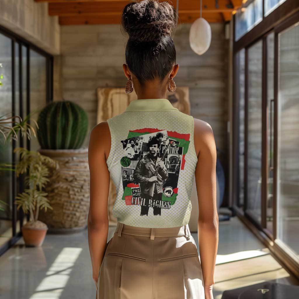Huey P. Newton Women Sleeveless Polo Shirt Black Panther Collage Design Civil Rights Movement Theme Revolutionary Tribute - African Pride