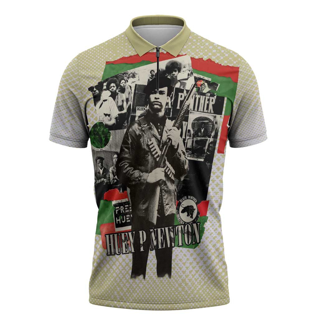 Huey P. Newton Zipper Polo Shirt Black Panther Collage Design Civil Rights Movement Theme Revolutionary Tribute - African Pride