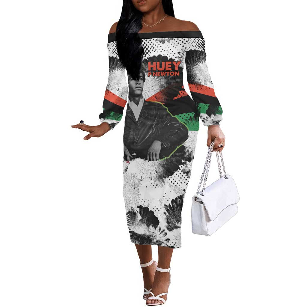 Huey P. Newton Off The Shoulder Long Sleeve Dress Revolutionary Portrait - Panther Graphic Surrender to the Revolution Quote - African Pride