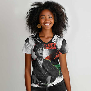Huey P. Newton Women V-Neck T-Shirt Revolutionary Portrait - Panther Graphic Surrender to the Revolution Quote TS04