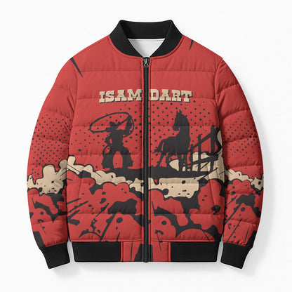 Isom Dart Black Cowboy Bomber Puffer Jacket Wild West Outlaw Vintage Comic Art